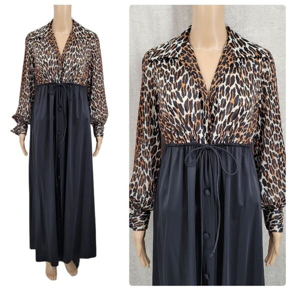 Vanity Fair Vtg 60s Leopard Black Button Front Nightgown Robe Dress Size Small - Picture 1 of 16